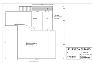 Etasjeplan (1. etg) som viser romfordeling, dimensjoner og forhold mellom eksisterende og nytt tilbygg.