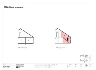 Snittegning som viser tverrsnitt gjennom en bygning i både eksisterende og ny situasjon, inkludert høyder og romoppdeling.