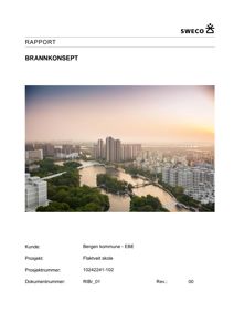 Et fotografi som viser en 3D-visualisering av et byområde med bygninger langs en elv, sannsynligvis en illustrasjon for et brannkonsept.