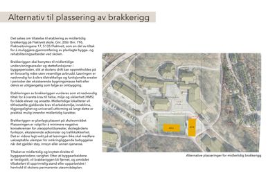 Situasjonsplan som viser alternative plasseringer (ALT A og ALT B) for en midlertidig brakkerigg på skoletomta.