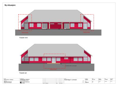 Fasadetegning som viser bygningens utseende fra nord og sør, med markerte tilskuddsarealer.