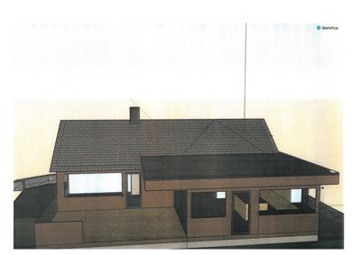 3D-visualisering (rendering) av en bolig sett fra siden, som viser fasade, tak, vinduer og omgivelser.