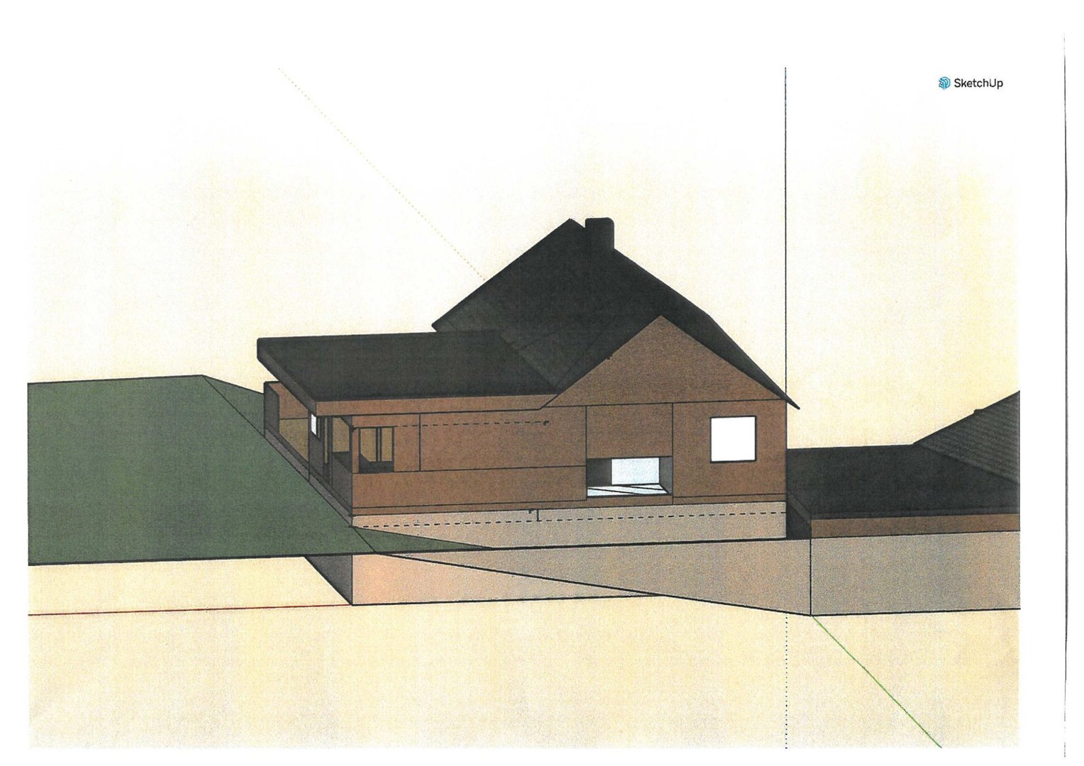 3D-visualisering (rendering) av en husfasade sett fra siden, med terrengformet i bakgrunnen.