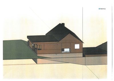 3D-visualisering (rendering) av en husfasade sett fra siden, med terrengformet i bakgrunnen.