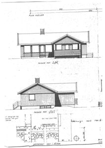 Bildet viser en tegning med to fasadeopprikk (mot sør og vest) og en teknisk detaljtegning for nedsenket gulv i våtrom.