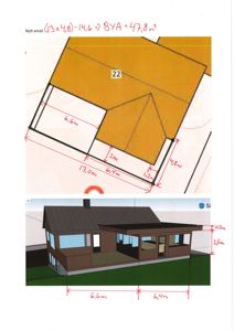 En tegning som viser en nybygget eller ombygd del av en bygning med angitte mål (lengder, høyder) og arealregning (BYA).