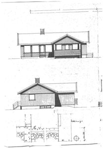Bildet viser en tegning med to fasadeopprikk (mot sør og vest) og en teknisk detaljtegning for nedsenket gulv i våtrom.
