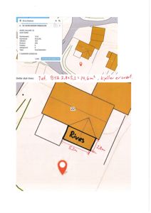 Situasjonsplan som viser eiendomsnummer 22, bygningers plassering og en markert del som skal rives med angitte mål.