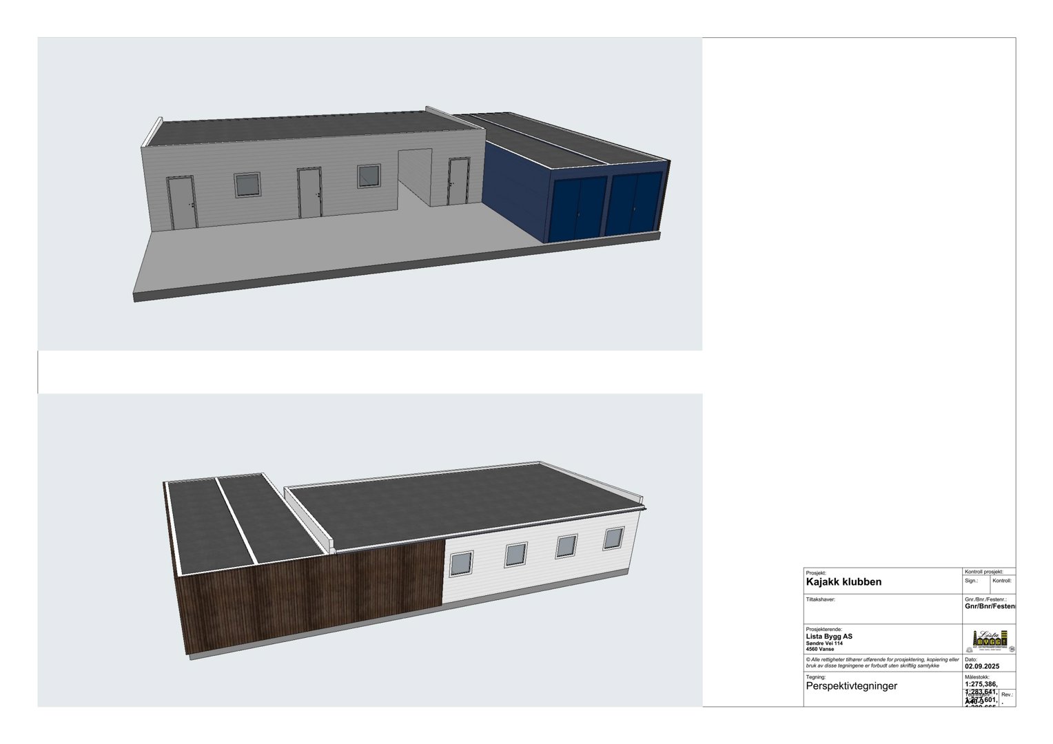Perspektivtegning (rendering) av en bygning, sannsynligvis en kajakklubben, med to ulike vinkler. Tegningen viser fasade, takform og fargevalg.
