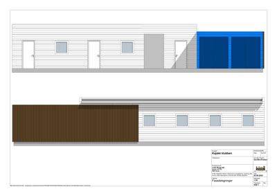 Fasadetegning som viser fronten på en bygning med dører, vinduer og ulike fasadematerialer.