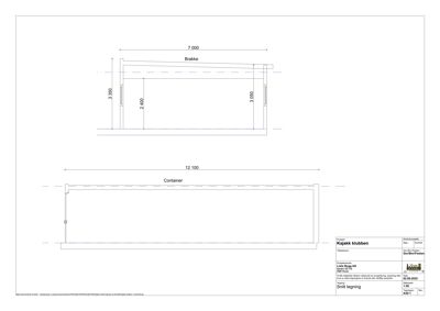 Snitttegning som viser detaljerte mål og konstruksjon for en Brakke og en Container.