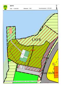 Situasjonsplan som viser tomtens grenser, arealbruk (LNFR), veier, nabotomter og bygningers plassering.