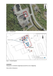 Bildet viser to karttyper: øverst et situasjonskart (flyfoto) og nederst en detaljert prøvetakingsplan med markerte punkter.