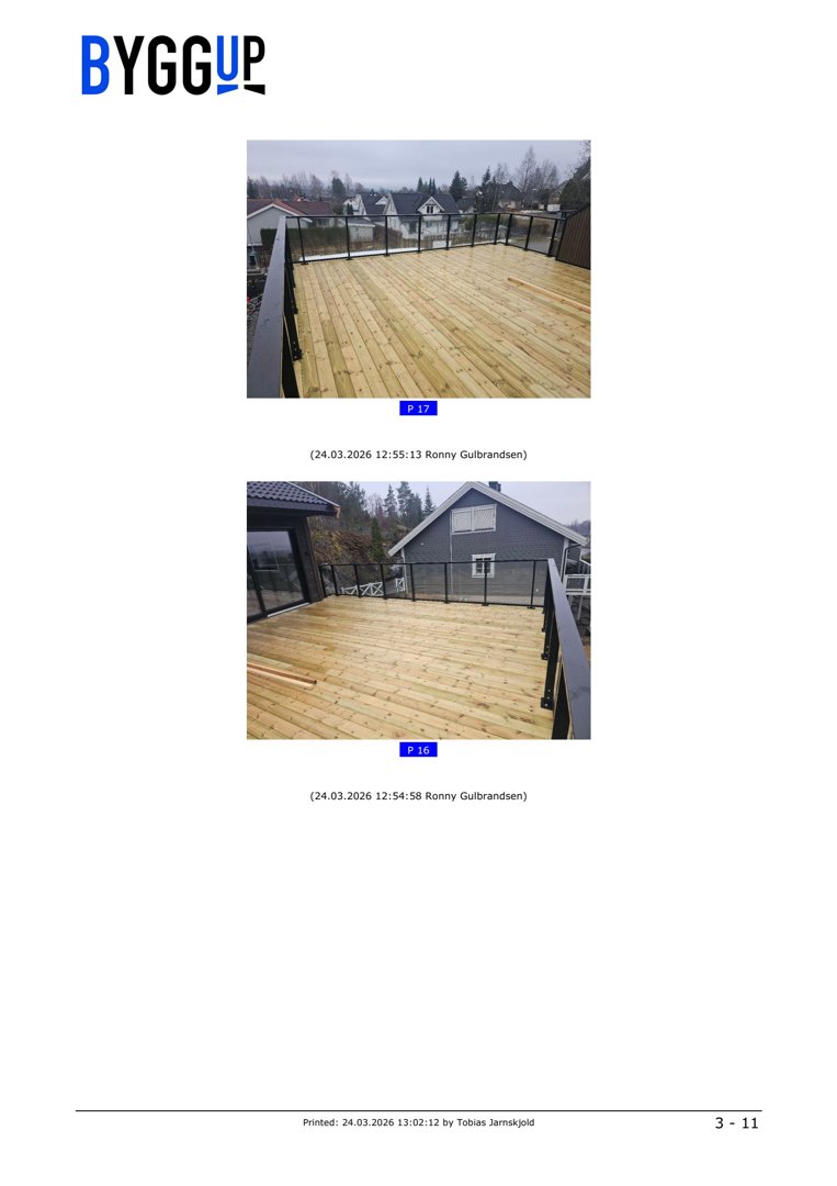 Fotografier av en nybygd terrasse med tredekk og glassrailing sett fra ulike vinkler.