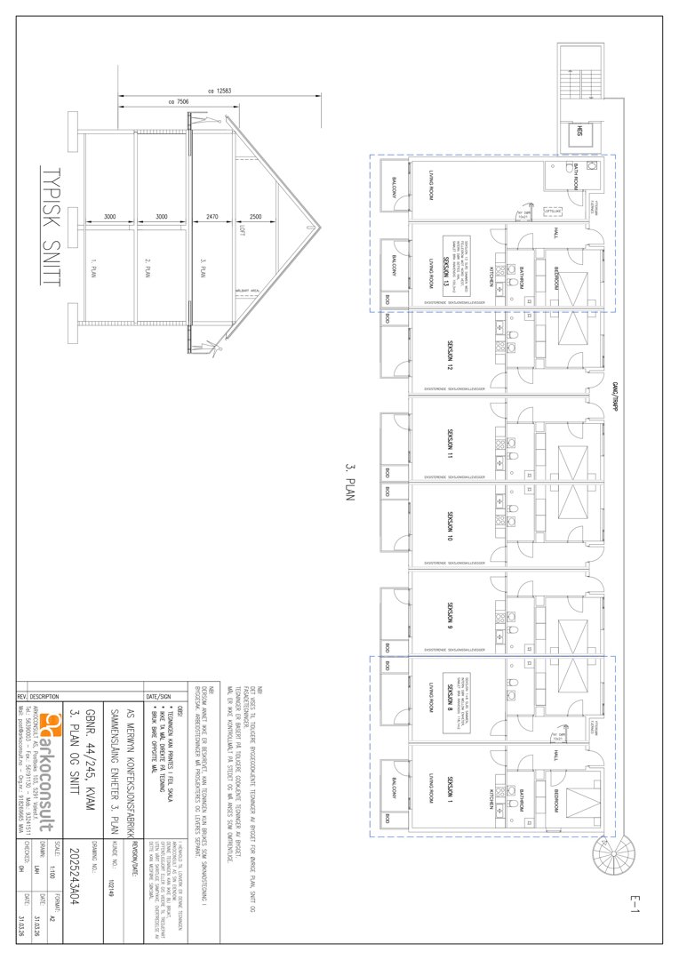 Etasjeplan (3. PLAN) med romfordeling, dører, vinduer og en snittegning (TYPISK SNITT) som viser konstruksjonen.