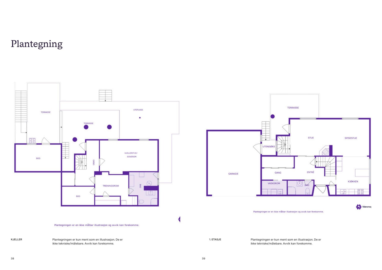 Bildet viser to plantegninger (kjeller og 1. etasje) med romfordeling og utforming av boligen.