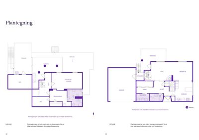 Bildet viser to plantegninger (kjeller og 1. etasje) med romfordeling og utforming av boligen.