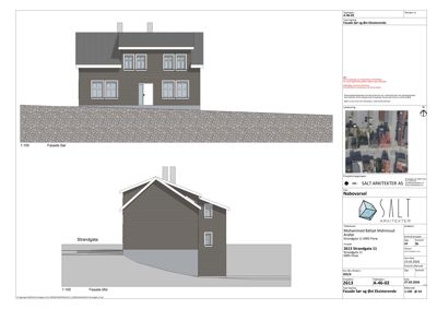 Fasadetegning som viser bygningens utseende fra sør og øst, inkludert takform, vinduer, fasadematerialer og terrengforhold.