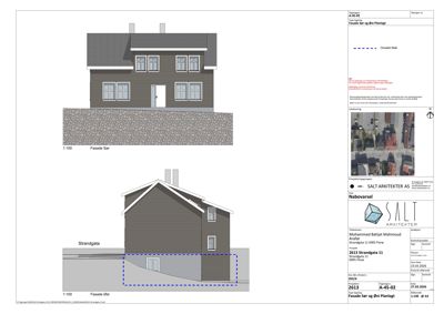 Fasadetegning som viser bygningens utseende fra sør og øst, inkludert takform, vinduer, dører og fasadematerialer.