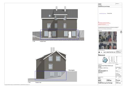 Fasadetegning som viser bygningens utseende fra nord og vest med detaljer om vinduer, tak og fasadematerialer.