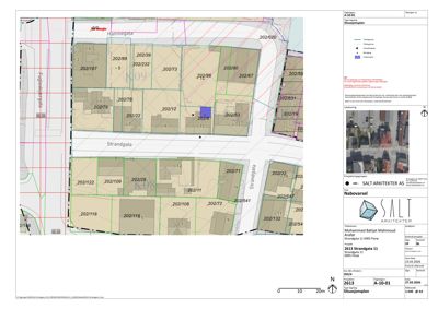 Situasjonsplan som viser tomtedeling, naboeiendommer, gater og prosjekteringsområde.