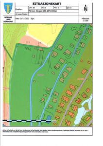 Situasjonskart som viser eiendomsgranser, topografi og bygningsplassering for eiendommen Storgata 103 i Dokka.