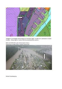 Et dokument som inneholder et situasjonskart (plankart) med fargekodet risiko for flomfare, samt et flyfoto av et oversvømmet område. Begge bildene har markører som viser plassering av et byggeprosjekt.