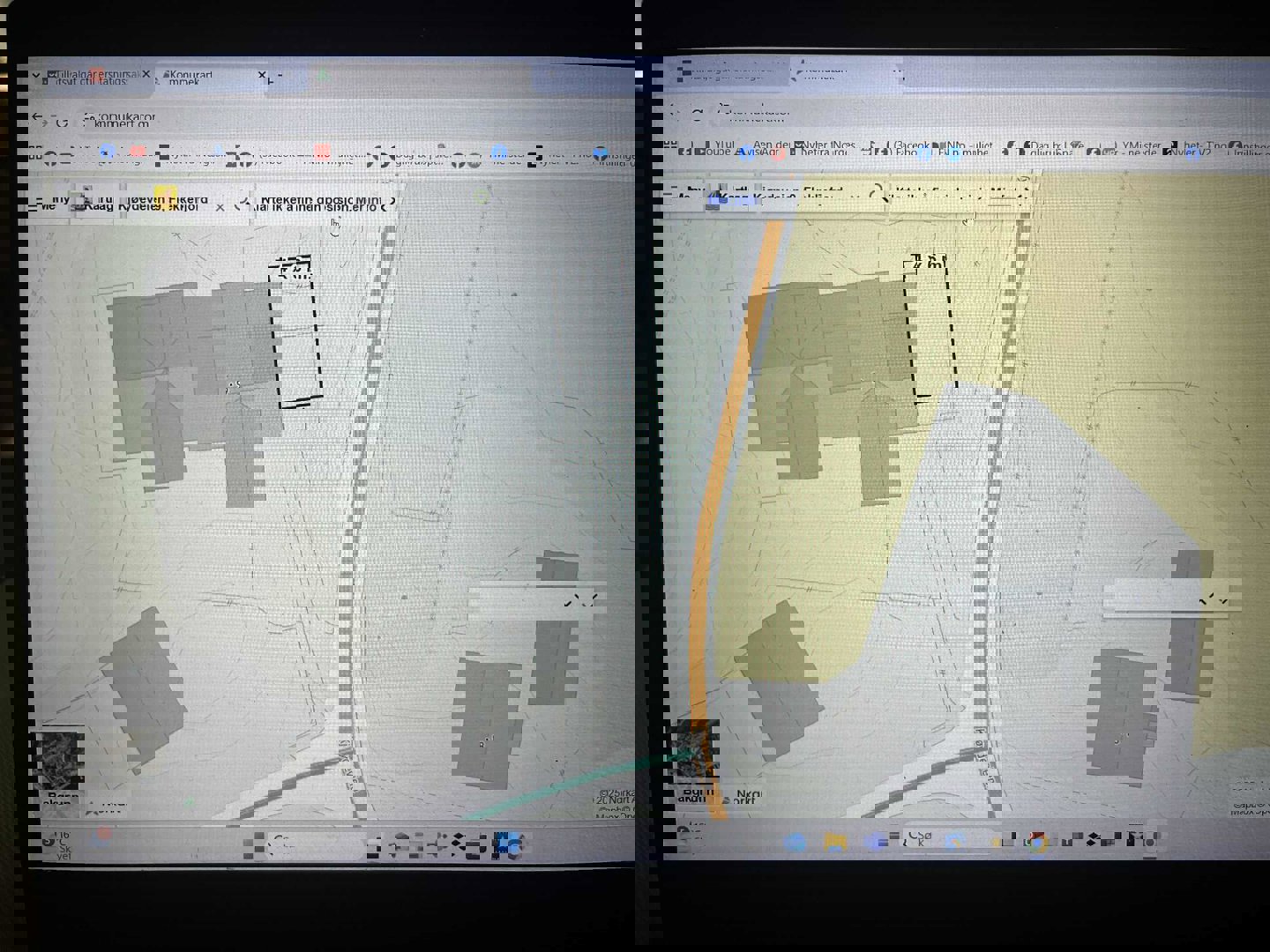 Bildet viser en skjermbilde av en digital kommunekart-tjeneste (kommunekart.com). Det viser et kart over et område med bygningsfotfot, vegger og eiendomsgrenser. Det er også synlig at det er en markør eller mål på en tomt på 4x6 meter.