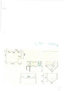 Håndtegnet fasadetegning med oppriss av front og side, samt dimensjoner og vinduesplassering.