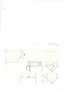 Håndtegnet fasadetegning med oppriss av front og side, samt dimensjoner og vinduesplassering.