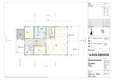 Etasjeplan (Plan 1. etasje) som viser romfordeling, stuerom og tekniske rom i en bolig.