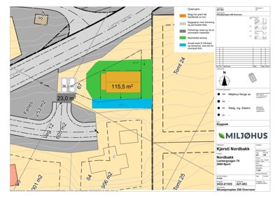 Situasjonsplan som viser tomtens plassering i forhold til nabolag, veier og bygninger, med arealoppdelinger og fargekoder.