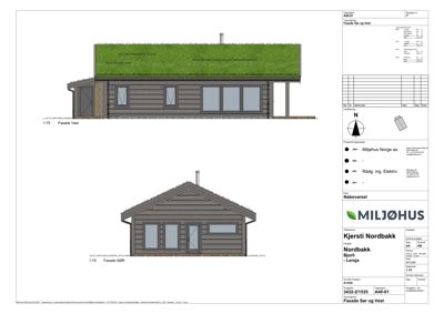 Fasadetegning som viser bygningens utseende fra vest og sørøst.