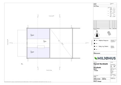 Etasjeplan (Plan 2. Etasje) som viser romfordeling, veggposisjon og orientering for en bygning.