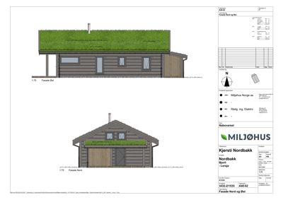 Tegning som viser fasadeutseendet av en bygning sett fra nord og øst.