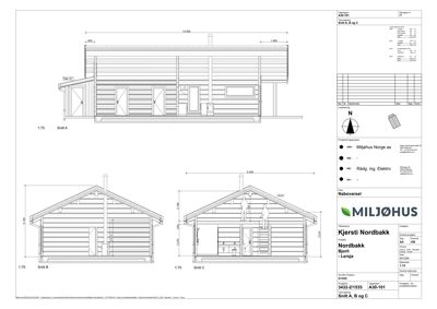 Snittegning (Snitt A, B og C) som viser tverrsnittet av en bygning med mål og detaljer.