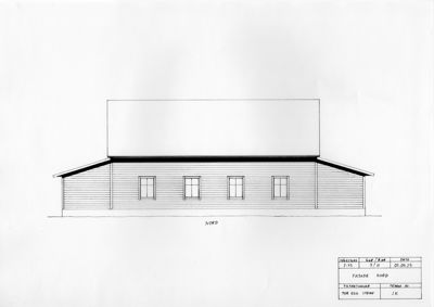 Fasadetegning av en bygning sett fra nord, med tegning av tak, vegger og vinduer.