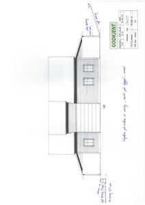 Snittegning av en bygning sett fra sør, med håndskrevne notater om høyde og takhøyde.