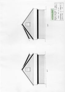 Fasadetegning som viser bygningens utseende sett fra vest og aust.