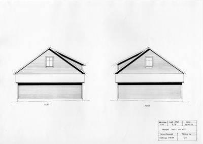 Tegning som viser fasadeopprikk for en bygning sett fra vest og aust.
