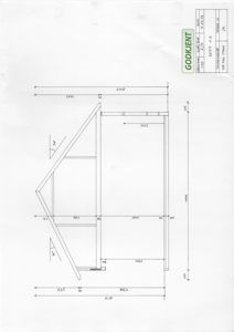 Fasadetegning som viser oppriss av en bygning sett fra siden, med angitte mål på takhøyde, takfot og vinkler.