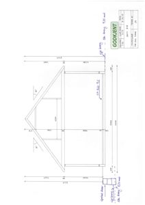 En tegning som viser fasadeoppsettet (opprikk) for en bygning, med angitte mål og håndskrevne notater om høyde og vinkler.
