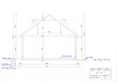 Snittegning (SNITT B-B) som viser tverrsnittet av en bygning med mål på takkonstruksjon, vegghøyder og grunnplan.