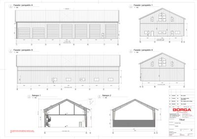 Bildet viser fasadetegninger (oppsett av bygningens ytre) og snittegninger (tverrsnitt) av en bygning.