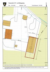 Situasjonsplan for Totorpveien 127 som viser tomtens grenser, eksisterende og planlagt bebyggelse, samt mål og koordinater.
