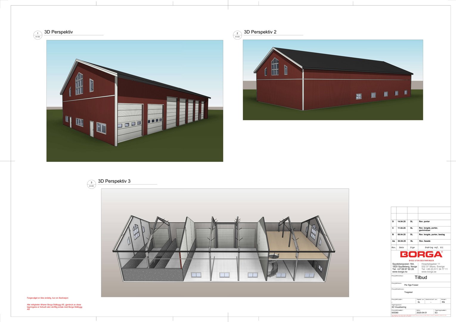 Bildet viser tre 3D-perspektivtegninger (renderinger) av en planlagt bygning. Øverst to eksteriørbilder, nederst et snitt som viser både fasade og innvendig oppbygning.