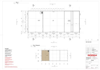 Bildet viser etasjeplaner (Plan 1 og Plan 2 Mesanin) med romfordeling, mål og konstruksjonsdetaljer.