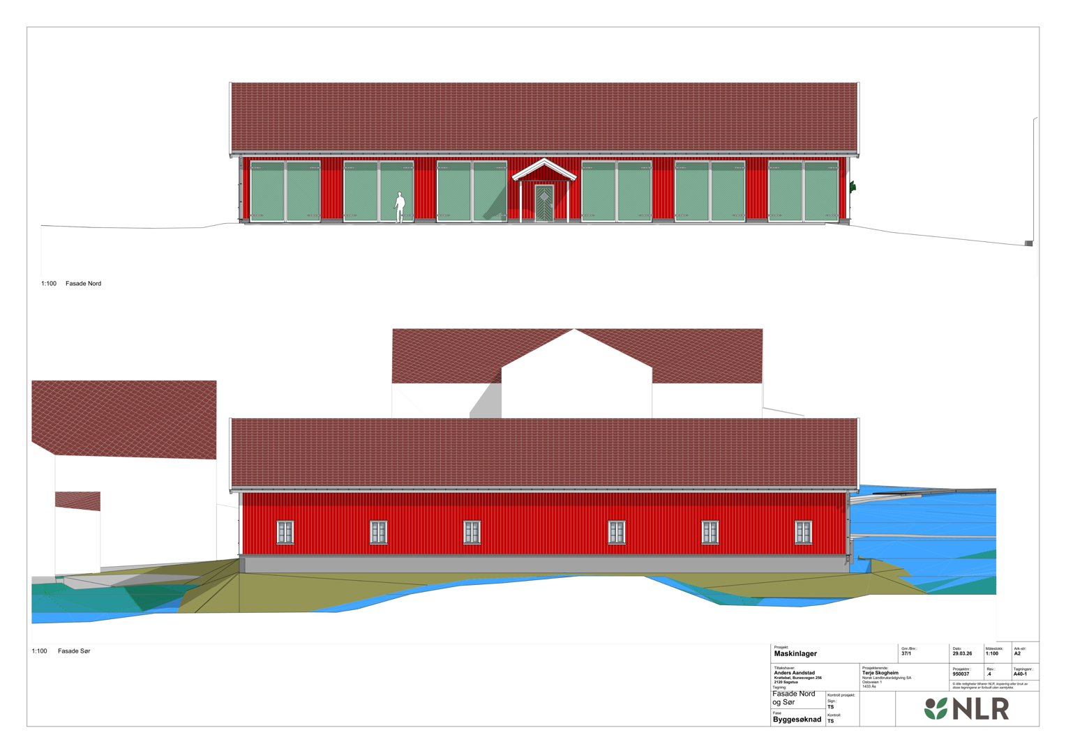 Fasadetegning som viser bygningens utseende sett fra nord og sør, inkludert farger, vinduer og terrengforhold.