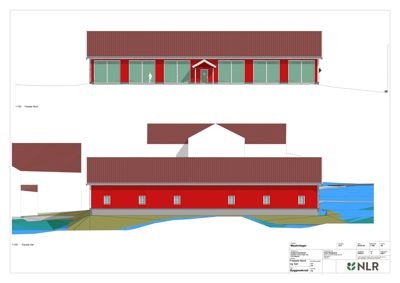 Fasadetegning som viser bygningens utseende sett fra nord og sør, inkludert farger, vinduer og terrengforhold.