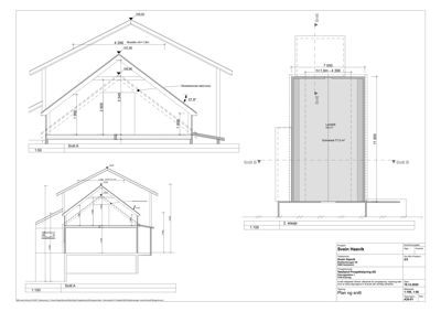 Tegning som viser tverrsnitt (snitt) av en bygning, med mål og detaljer for takkonstruksjon og vegg.